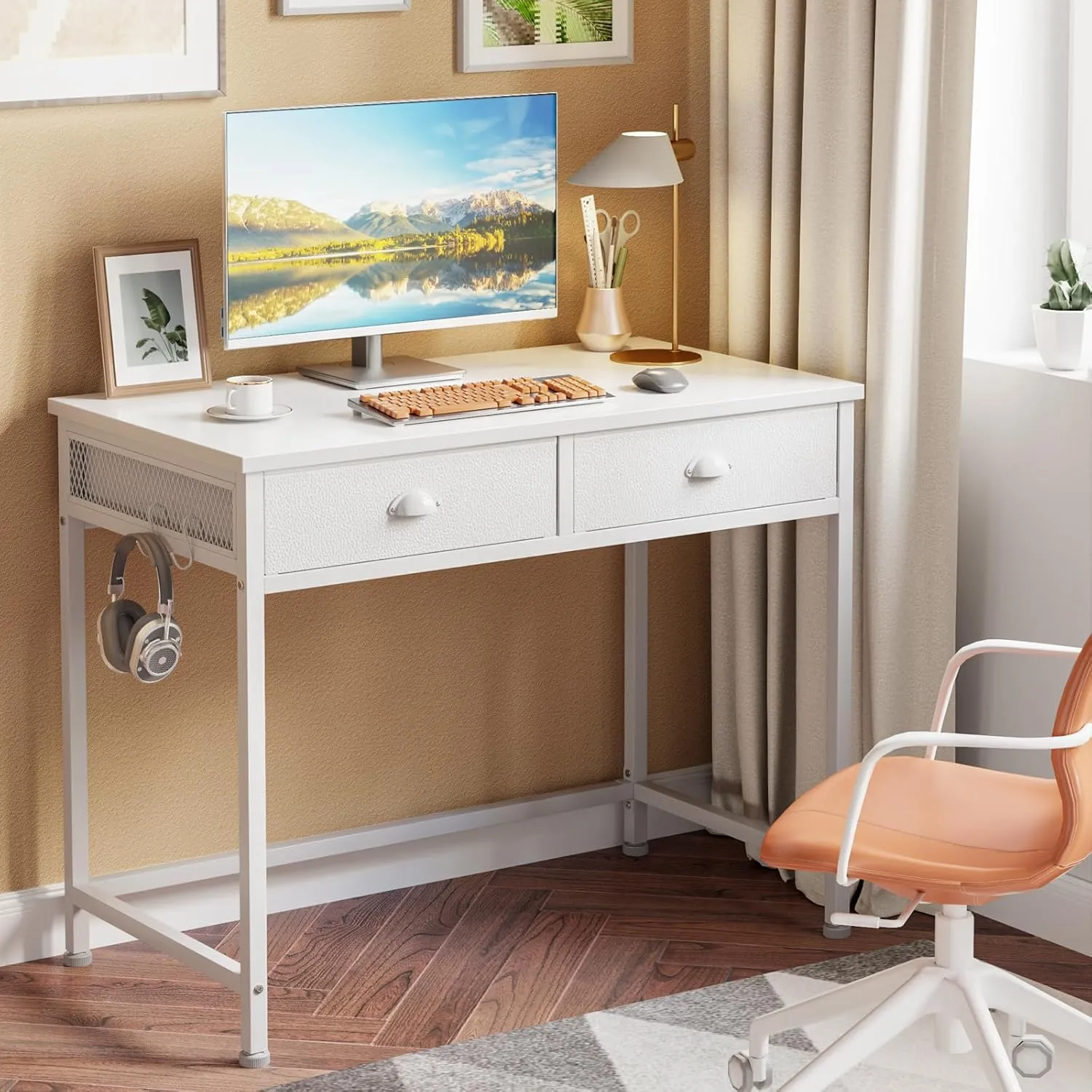 Furologee White Small Computer Desk with 2 Fabric Drawers, 36 Inch Simple Home Office Writing Desk, Vanity Desk with Hooks, Study Desk for Bedroom Small Spaces