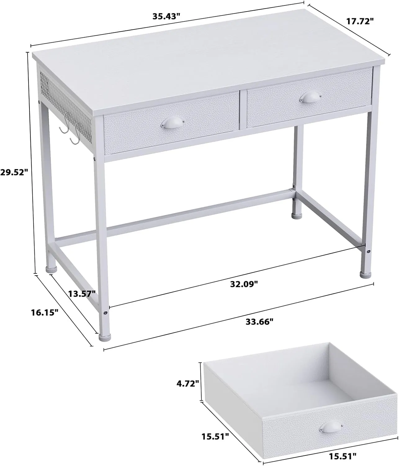 Furologee White Small Computer Desk with 2 Fabric Drawers, 36 Inch Simple Home Office Writing Desk, Vanity Desk with Hooks, Study Desk for Bedroom Small Spaces