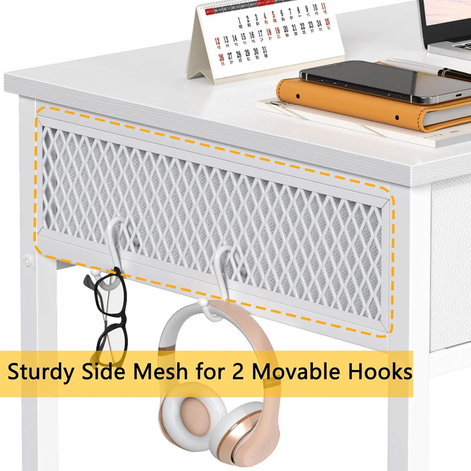 Furologee White Small Computer Desk with 2 Fabric Drawers, 36 Inch Simple Home Office Writing Desk, Vanity Desk with Hooks, Study Desk for Bedroom Small Spaces