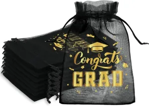 FYSUIMU 120Pcs Graduation Party Favors Bags Black Gold Organza Drawstring Bag Congrats Grad Decorative Jewelry Candy Treat Bags for Party Favors Supplies