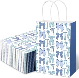 FYSUIMU 16Pcs Blue Bow Paper Bags with Handle Coquette Bowknot Gift Bags Cute Blue Bow Goodie Candy Treat Gift Bags for Birthday Wedding Baby Shower, 5.9 x 8.3 x 3.1 Inch
