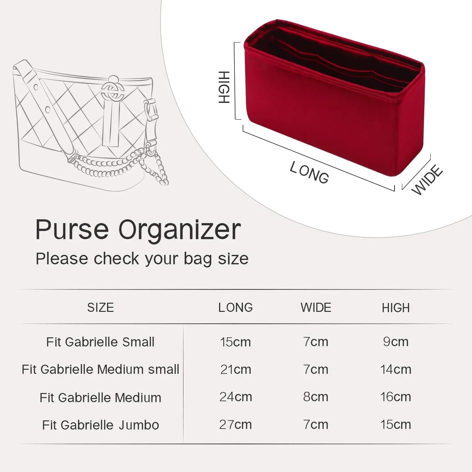 Gabrielle Bag Inert, Purse Organizer Insert Compatible with Chanel Gabrielle Bag Small, Silk Bag Organizer Insert, Lightweight and Silky, Multiple Color Options (Small, Rouge Garance)