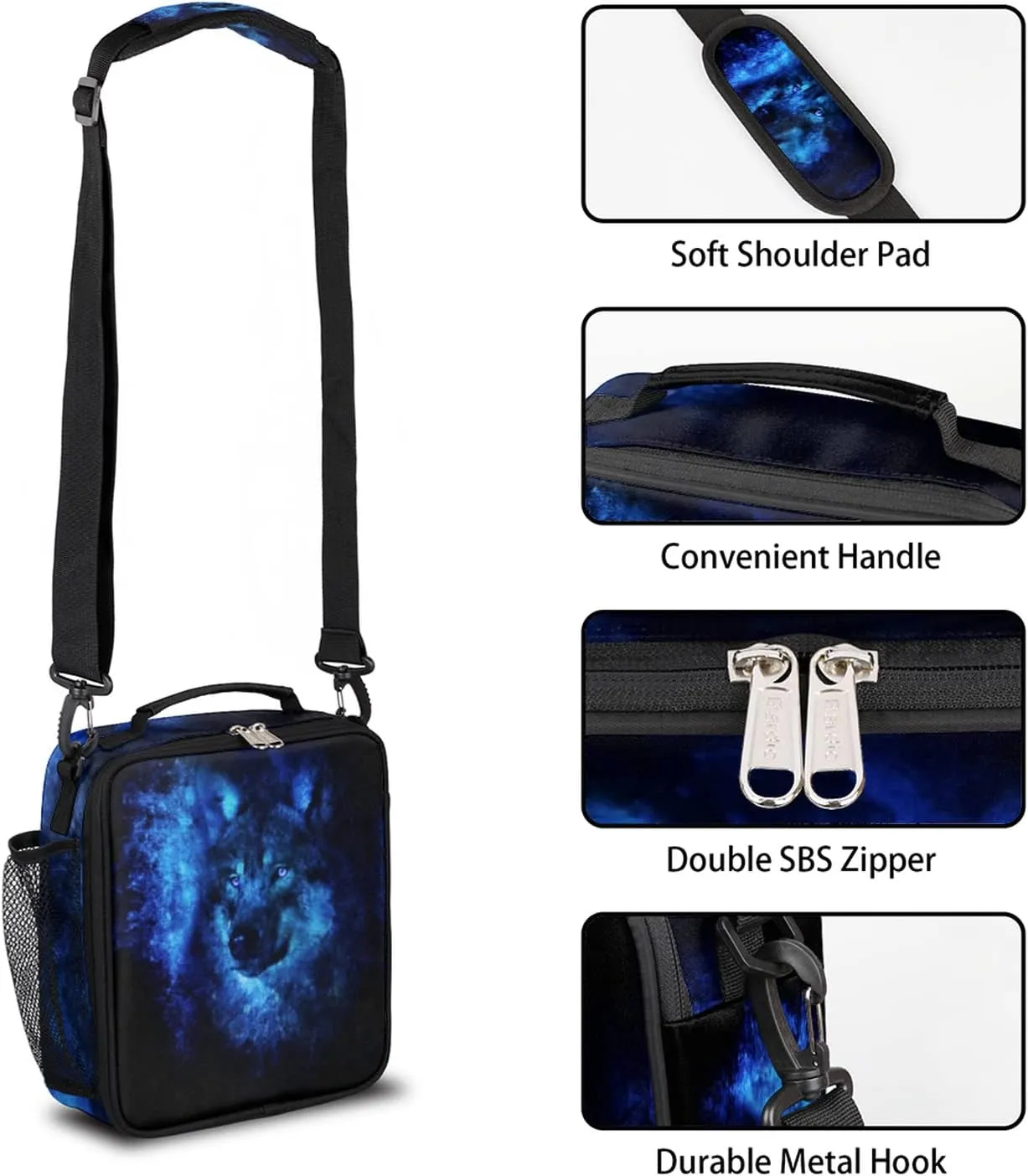 Galaxy Wolf Lunch Box for Kids Boys, Insulated Lunch Bag Reusable Thermal Lunchbox Cooler Tote Handbag with Removable Adjustable Shoulder Strap for Adults Women Men Picnic Work School
