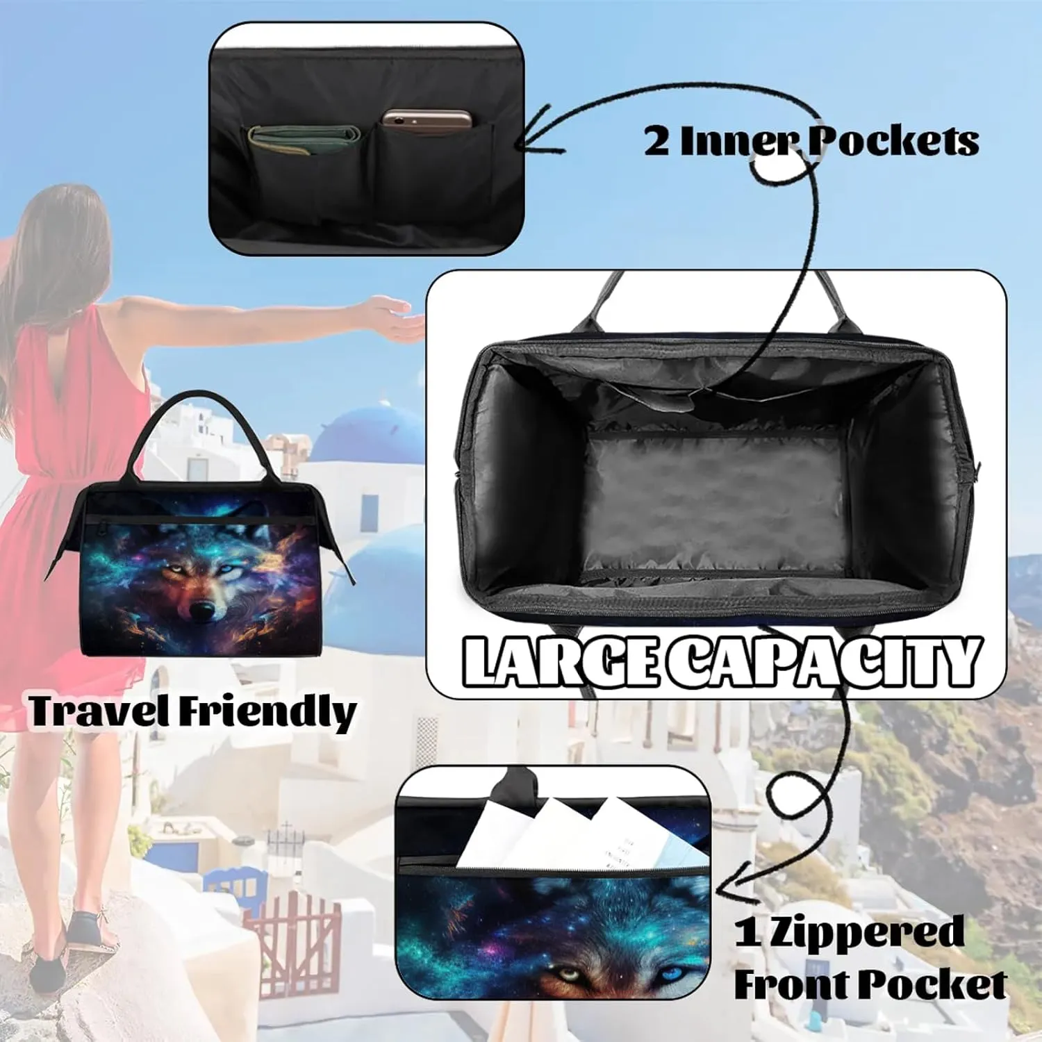 Galaxy Wolf Rainbow Travel Duffel Bag Gym Tote Bag for Women Men Waterproof Weekend Overnight Bag Carry On Tote Luggage with Pocket Personal Item Bags Sports Bag fit Travel Sports Gym Yoga