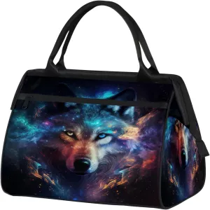 Galaxy Wolf Rainbow Travel Duffel Bag Gym Tote Bag for Women Men Waterproof Weekend Overnight Bag Carry On Tote Luggage with Pocket Personal Item Bags Sports Bag fit Travel Sports Gym Yoga