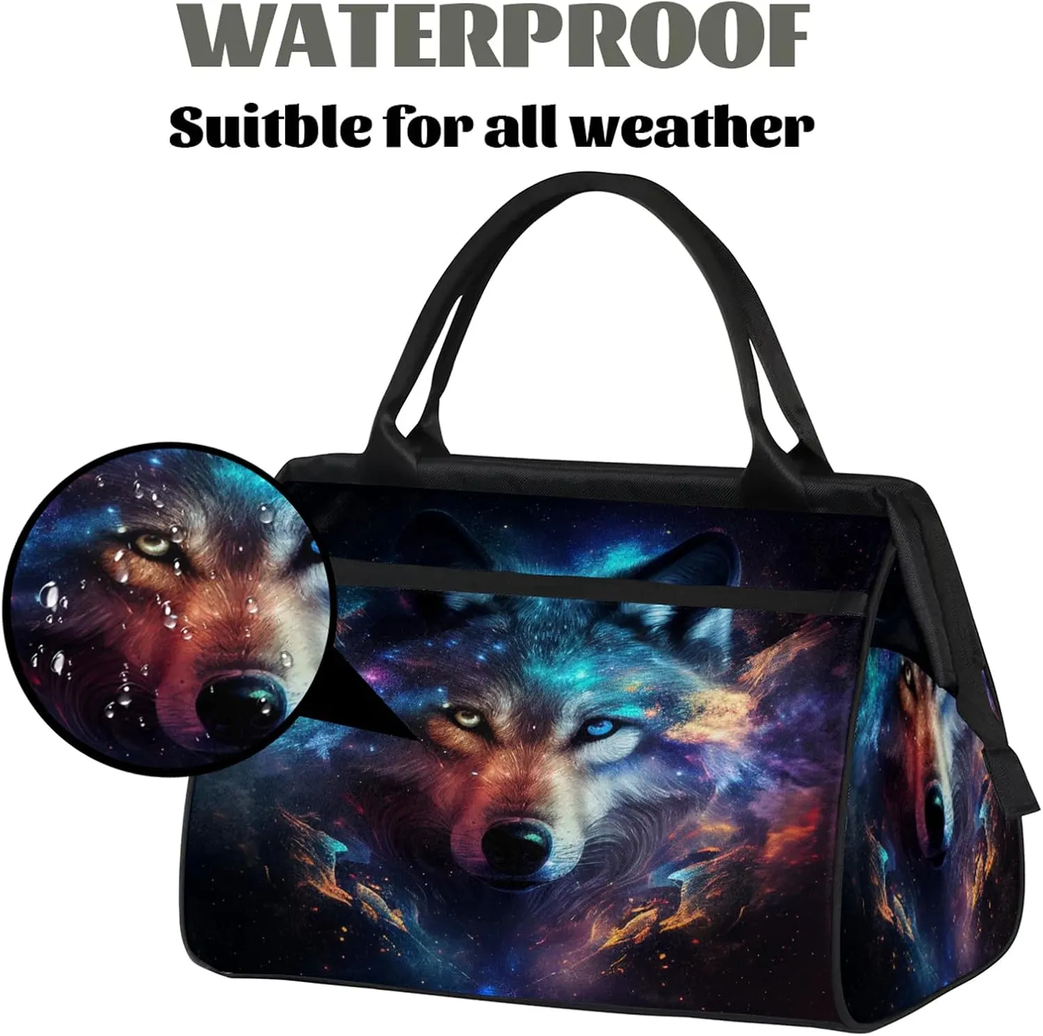 Galaxy Wolf Rainbow Travel Duffel Bag Gym Tote Bag for Women Men Waterproof Weekend Overnight Bag Carry On Tote Luggage with Pocket Personal Item Bags Sports Bag fit Travel Sports Gym Yoga