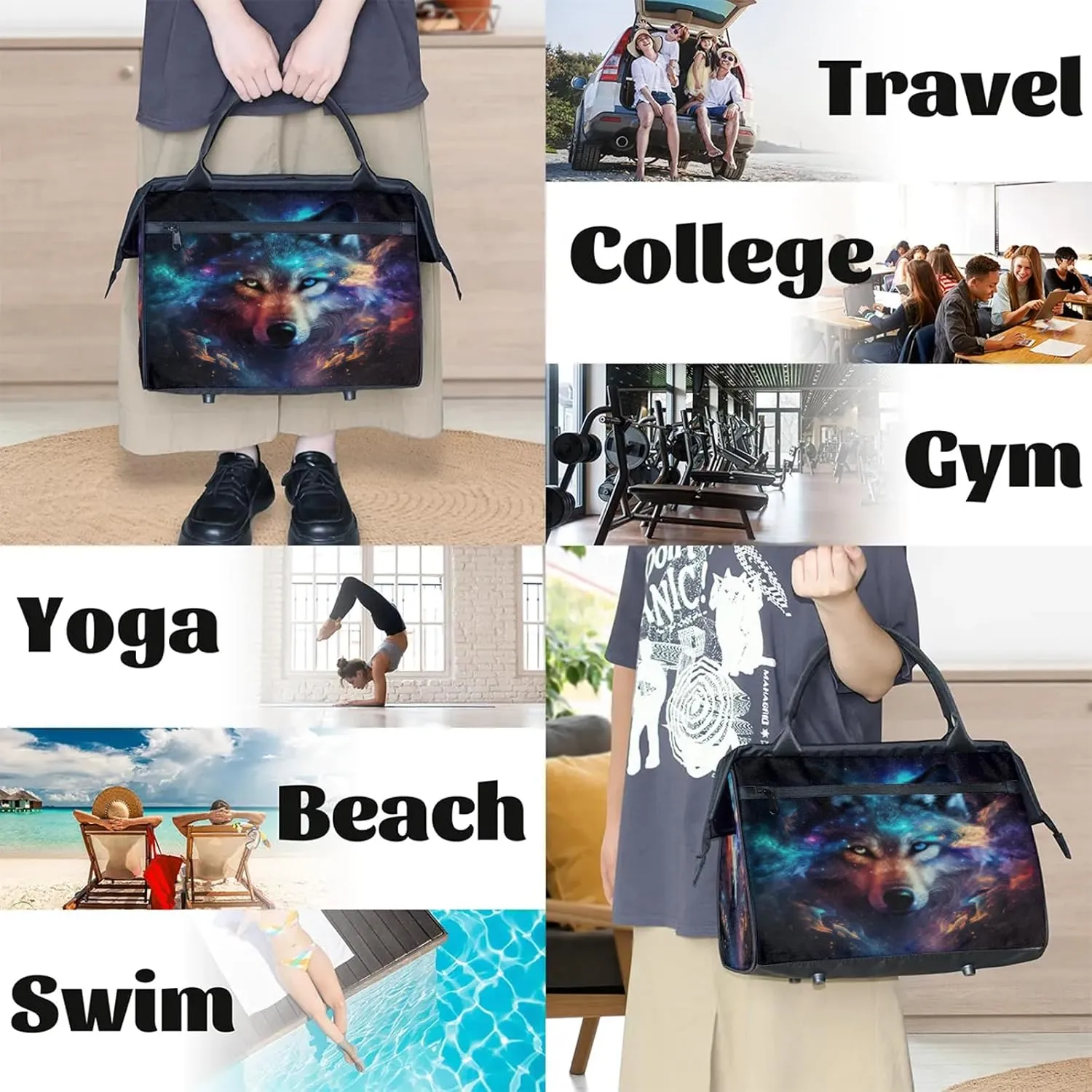 Galaxy Wolf Rainbow Travel Duffel Bag Gym Tote Bag for Women Men Waterproof Weekend Overnight Bag Carry On Tote Luggage with Pocket Personal Item Bags Sports Bag fit Travel Sports Gym Yoga