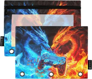 Game Dragon Pencil Pouch for 3 Ring Binder 2 Pack Clear Window Pencil Bags with Zipper Pencil Case for School Class Office College Supplies