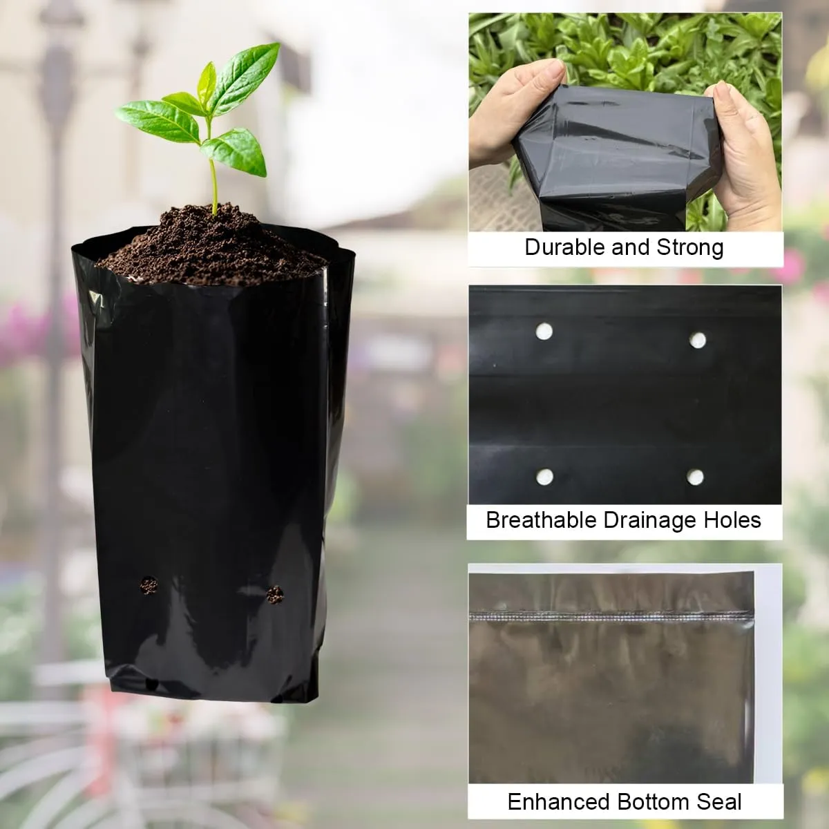 gardtree 8” x 14” 100PCS Thicken Plastic Plant Nursery Bags Nursery Grow Bags for Fruit Trees,PE Seedling Pots Seed Starter Pouch Ideal for Flower, Starting Saplings, Plant Grow Container