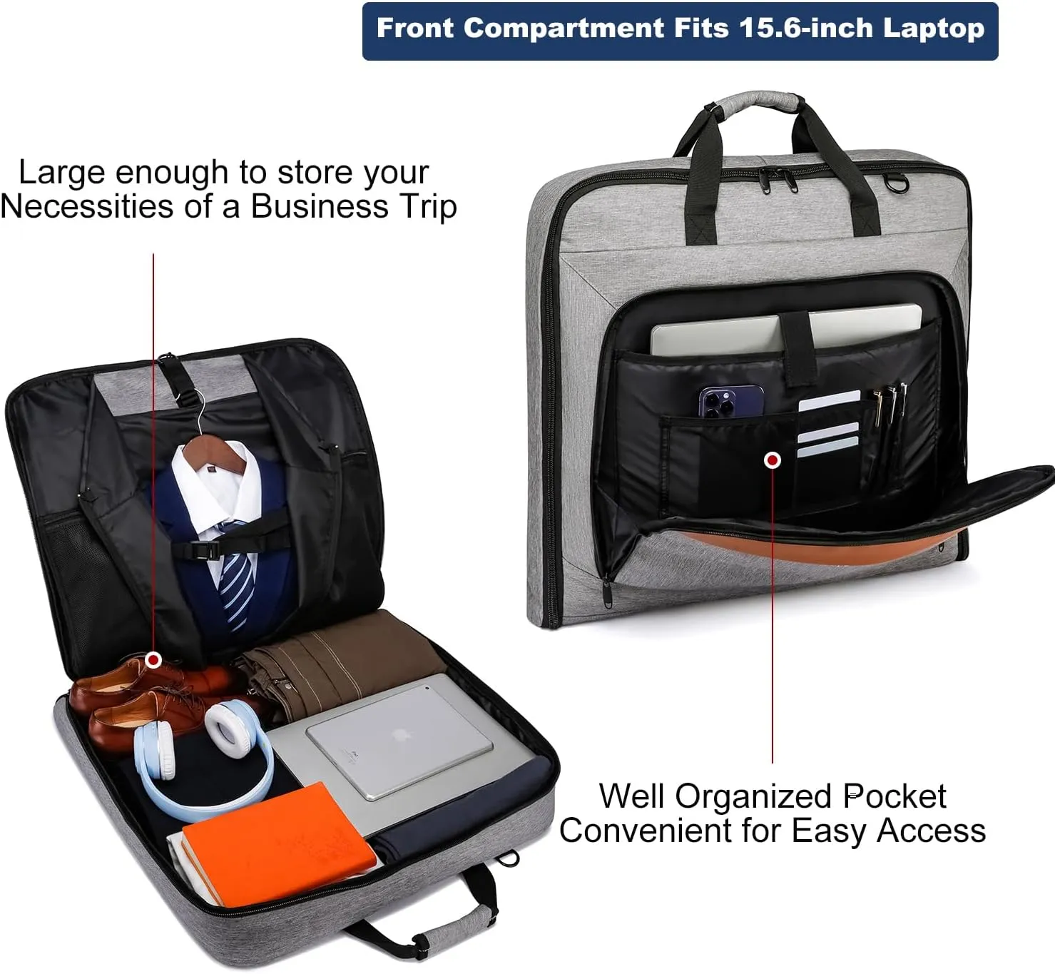 Garment Bag Travel Suit Bag for Men Large 40-Inch Carry on Garment Bag Up to 3 Suits for Business Trips,2 in 1 Hanging Suitcase Luggage Bags for Travel,Foldable Carry On Bag Fits 15.6Inch Laptop,Black