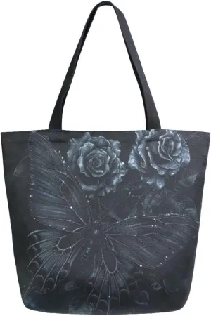 Gary Black Floral Moody Butterfly Canvas Tote Bag for Women with Zipper Pocket Reusable Grocery Shopping Bags Large Travel Shoulder Bag Handbag Bags