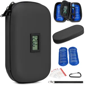GEAoffice 2 Pack Portable Insulin Travel Case, EVA Insulin Cooler Case with Thermometer Display, Reusable Insulin Pen Cooler Travel Case for Ozempic, Medication Cooler Bag for Travel with 2 Ice Bag