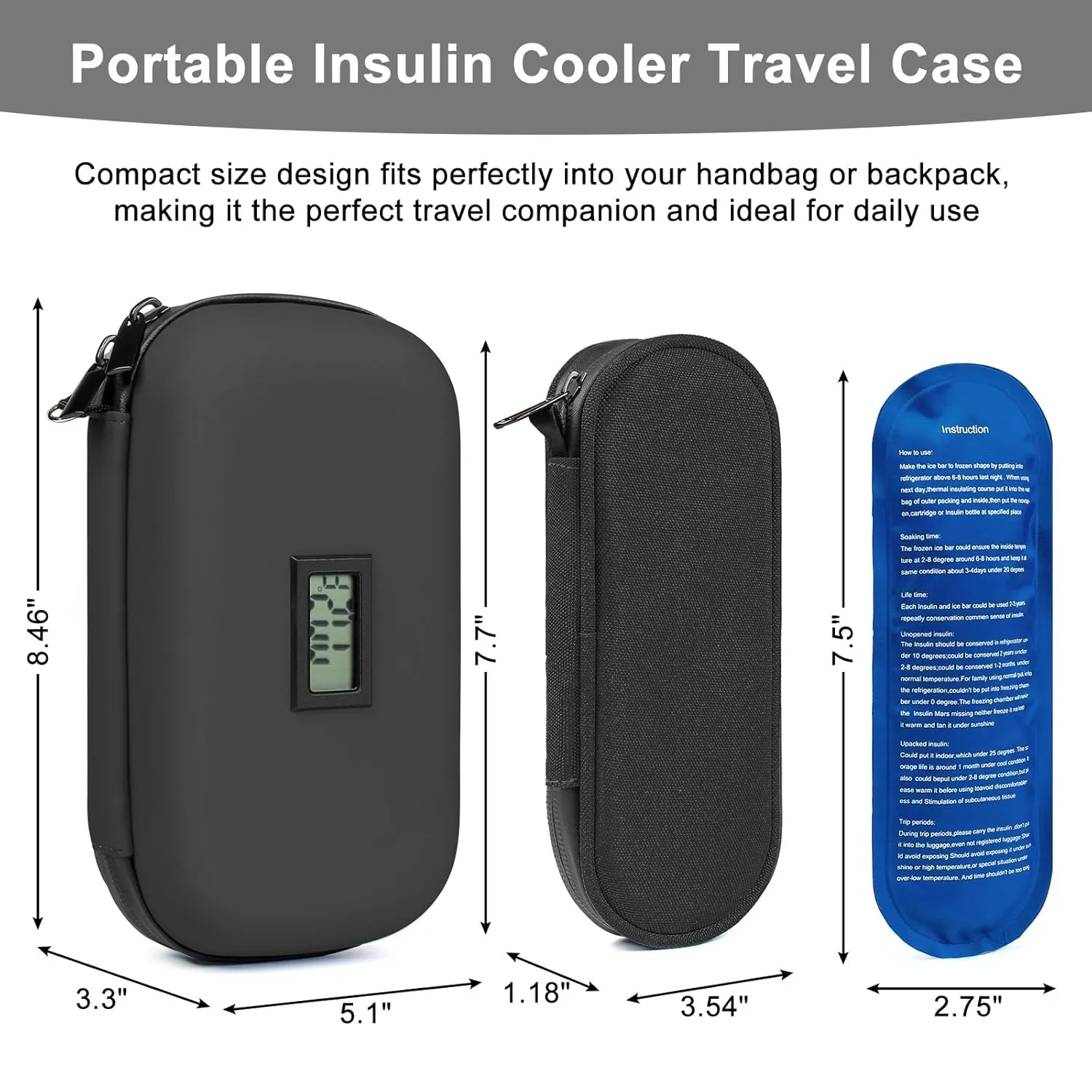 GEAoffice 2 Pack Portable Insulin Travel Case, EVA Insulin Cooler Case with Thermometer Display, Reusable Insulin Pen Cooler Travel Case for Ozempic, Medication Cooler Bag for Travel with 2 Ice Bag