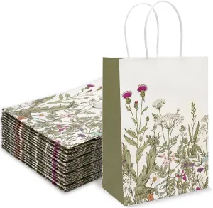 Generic AnyDesign 24Pcs Vintage Wildflower Paper Gift Bags Retro Floral Party Favor Bags with Handles Flower Decorative Goodie Candy Treat Bags for Wedding Birthday Baby Shower Party Supplies, green
