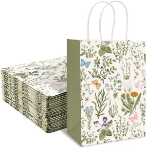 Generic AnyDesign 24Pcs Vintage Wildflowers Paper Gift Bags Green Wild Floral Party Favor Bags with Handles Decorative Goodie Candy Treat Bags for Spring Party Supplies