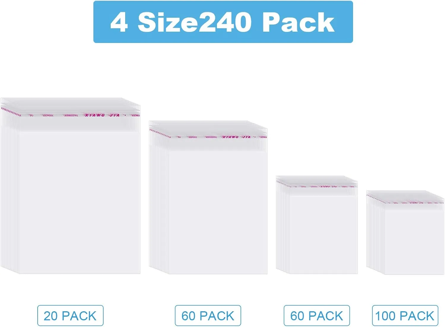 Geyoga 4 Size 240 Pieces Clear Plastic Cello Bag Resealable Self Sealing Cellophane Bag