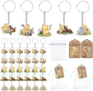 Ggjgrpx 90 Pcs Winnie Baby Shower Favors, 30 Cute Keychain, 30 Organza Bags, Thank You Kraft Tags for 30 Guests, Gender Reveal Birthday Party Supplies, Thank You Winnie Keychain for Party