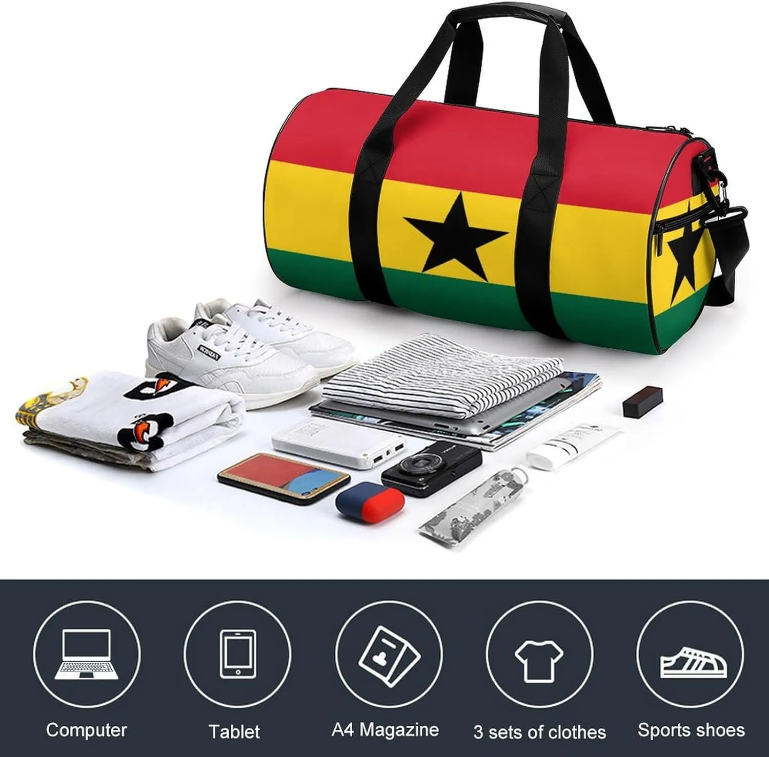 Ghana Flag Gym Bag for Men Women with Wet Pocket Travel Duffel Sports Overnight Weekender