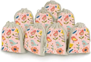 GHBNK Cartoon Birds And Bees Burlap Bags 8PC Drawstring Bags Small Burlap Gift Pouches for Jewelry,Travel Storage