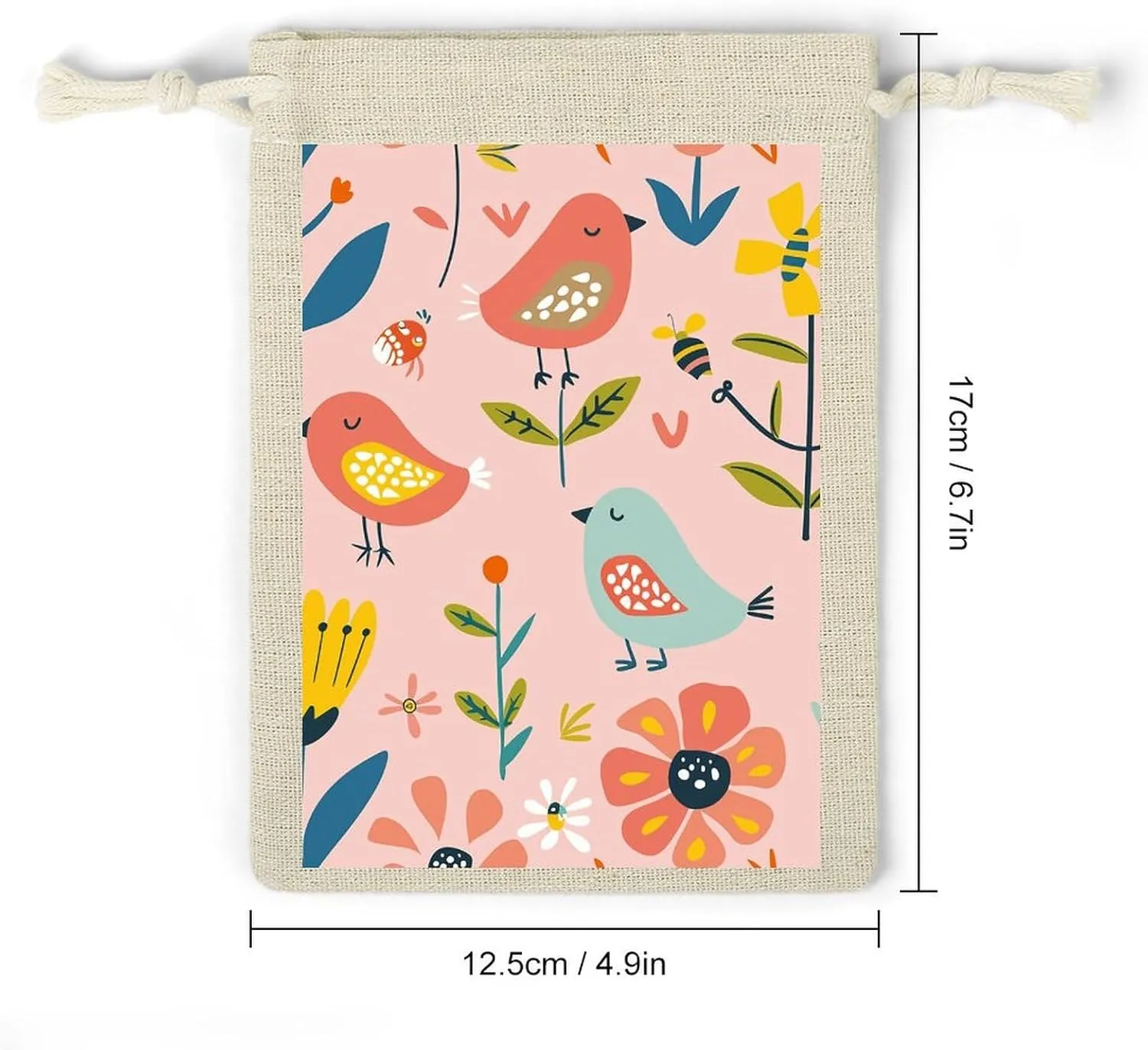 GHBNK Cartoon Birds And Bees Burlap Bags 8PC Drawstring Bags Small Burlap Gift Pouches for Jewelry,Travel Storage