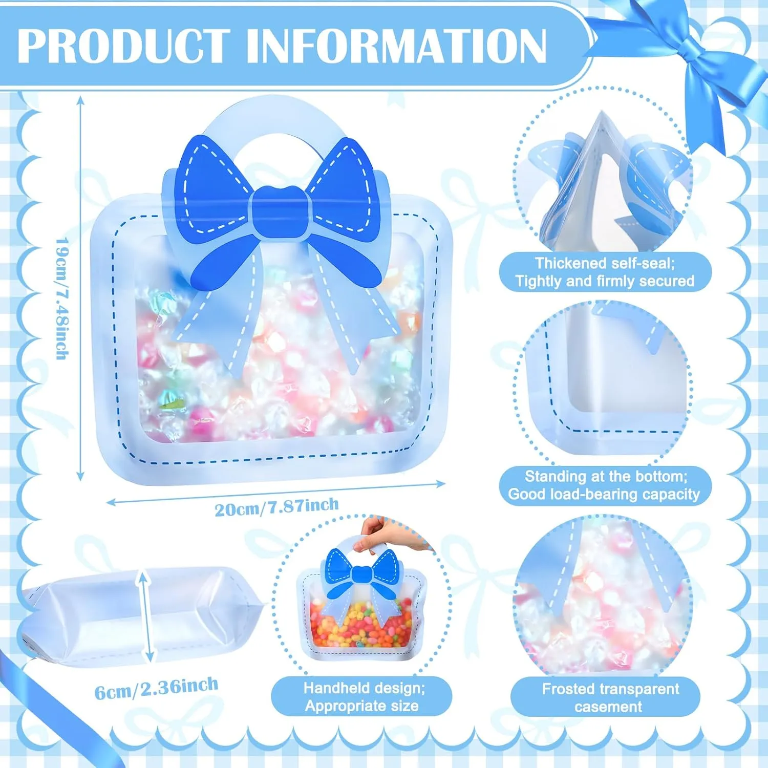 Gilprop 50 Pcs Coquette Bow Goodie Bags Plastic Gift Bag with Bow Handle Cute Candy Treat Pack for Birthday Bachelorette Baby Shower Bridal Shower Party, 7.87 x 7.48in(Blue)