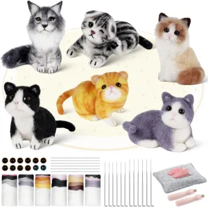 Gipony Needle Felting Kit, 6 PCS Farm Animal Needle Felting Beginner Kits, Wool Felt Needle Felting Tools Foam Pad, Craft Party Supplies for Beginners Adult(Cat Family)