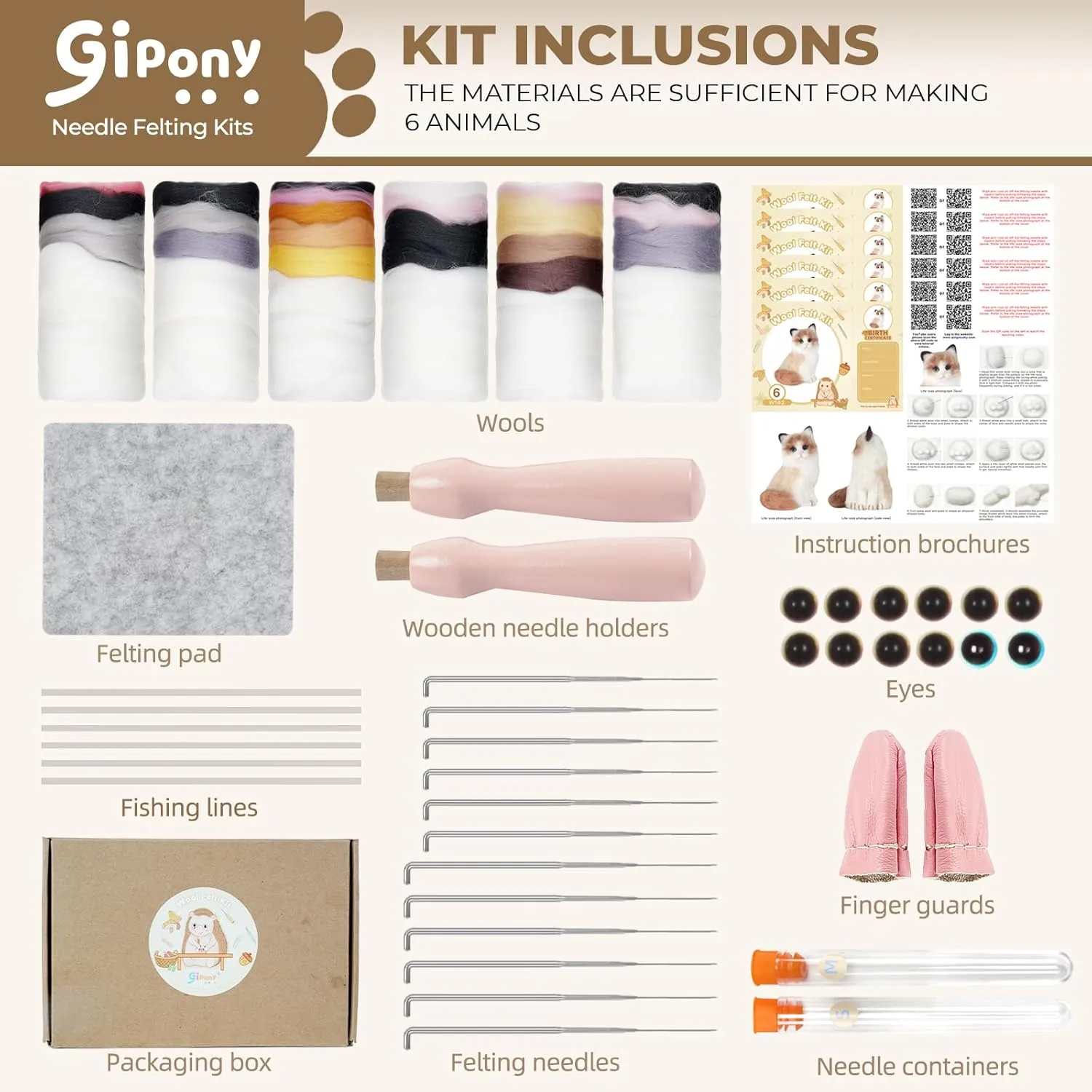 Gipony Needle Felting Kit, 6 PCS Farm Animal Needle Felting Beginner Kits, Wool Felt Needle Felting Tools Foam Pad, Craft Party Supplies for Beginners Adult(Cat Family)