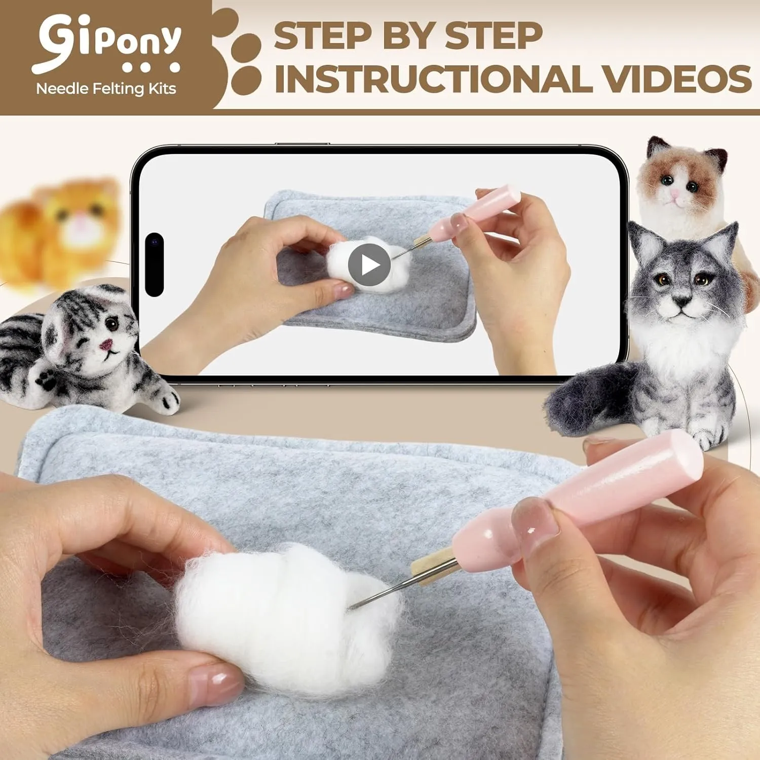 Gipony Needle Felting Kit, 6 PCS Farm Animal Needle Felting Beginner Kits, Wool Felt Needle Felting Tools Foam Pad, Craft Party Supplies for Beginners Adult(Cat Family)