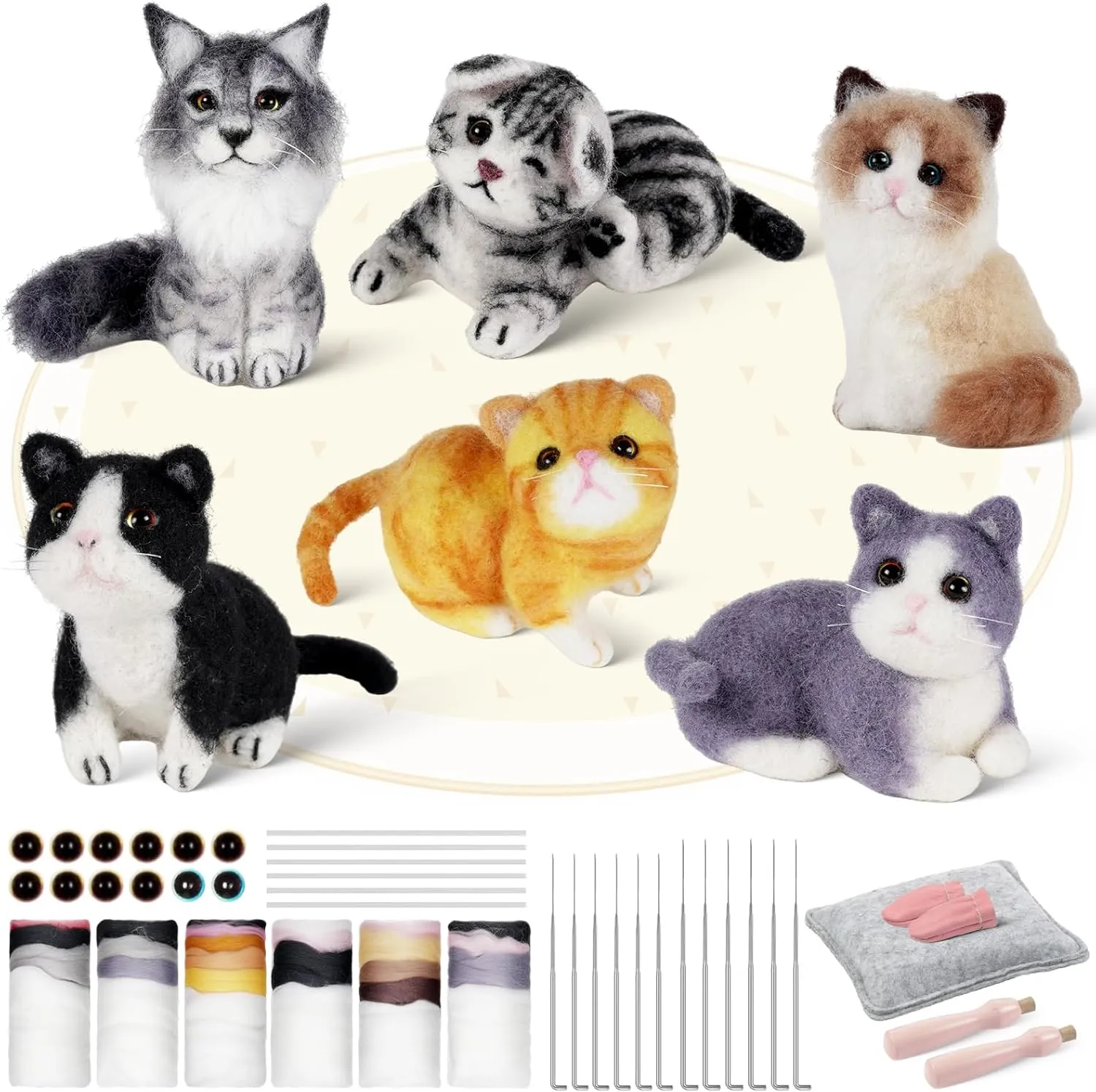 Gipony Needle Felting Kit, 6 PCS Farm Animal Needle Felting Beginner Kits, Wool Felt Needle Felting Tools Foam Pad, Craft Party Supplies for Beginners Adult(Cat Family)
