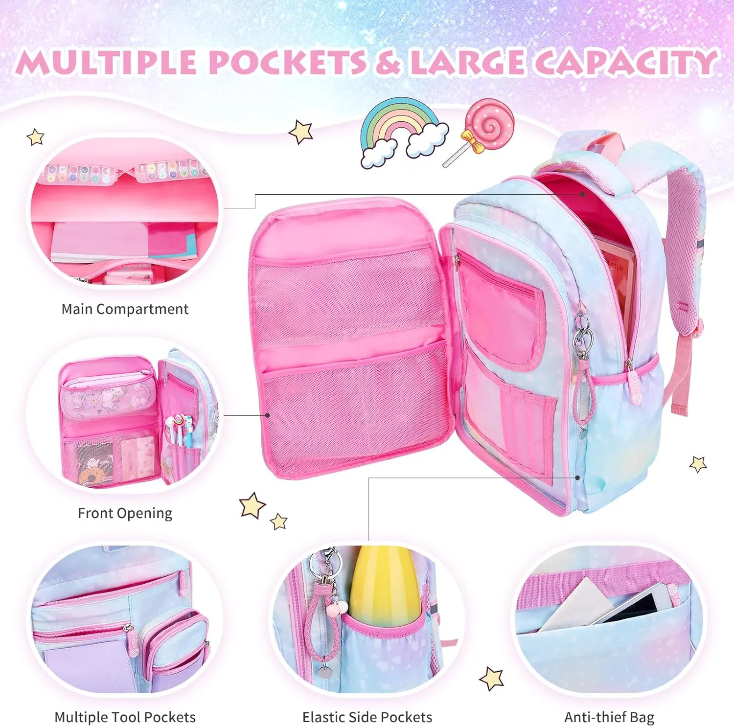 Girls Backpack, School Backpacks 16 * 11.5 * 6.7in for Girls, Cute Book Bag with Compartments for Girl Kid Students Elementary School, Blue