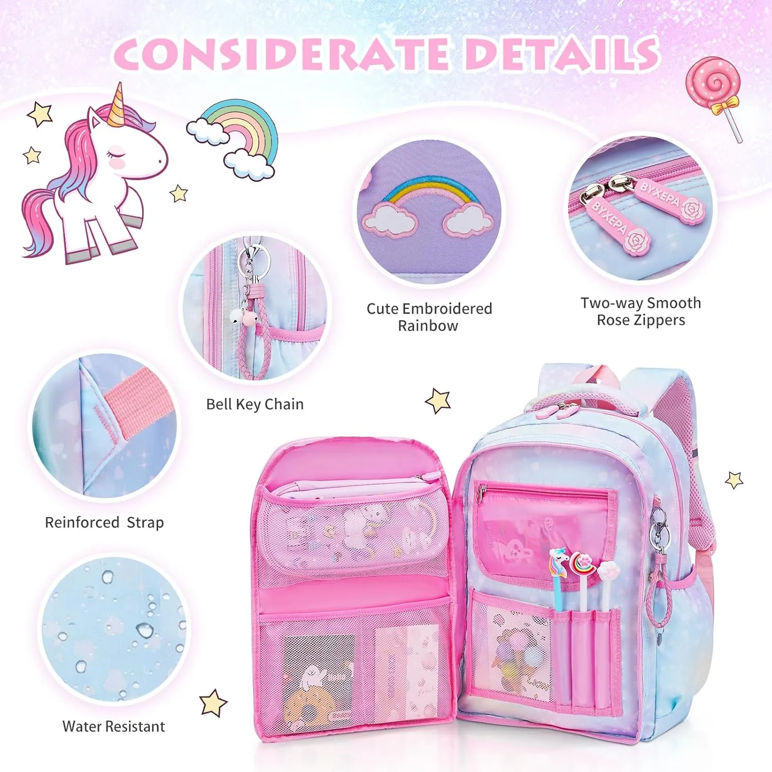Girls Backpack, School Backpacks 16 * 11.5 * 6.7in for Girls, Cute Book Bag with Compartments for Girl Kid Students Elementary School, Blue
