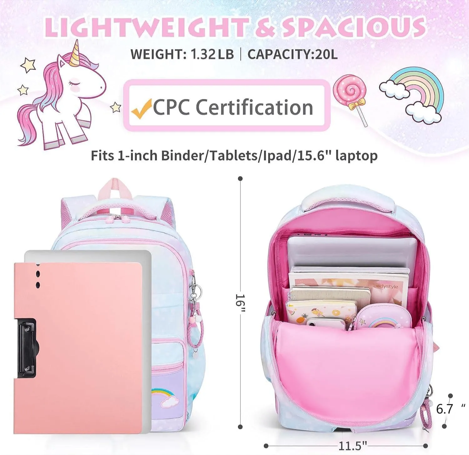 Girls Backpack, School Backpacks 16 * 11.5 * 6.7in for Girls, Cute Book Bag with Compartments for Girl Kid Students Elementary School, Blue