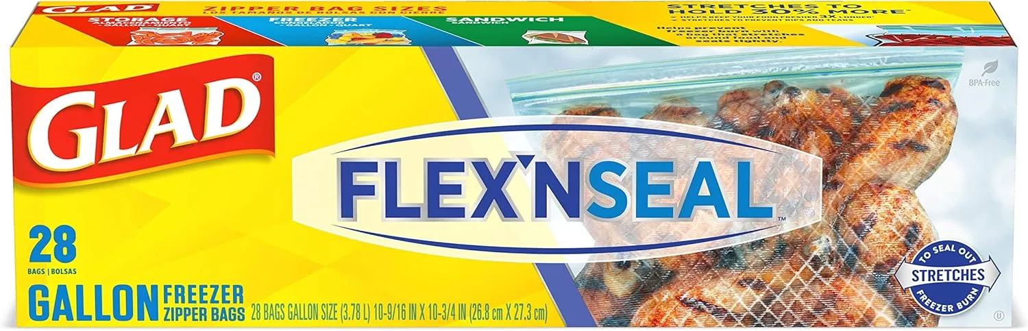 Glad Flex'N Seal Freezer Storage Plastic Bags, Gallon, 28 Count (Package May Vary)