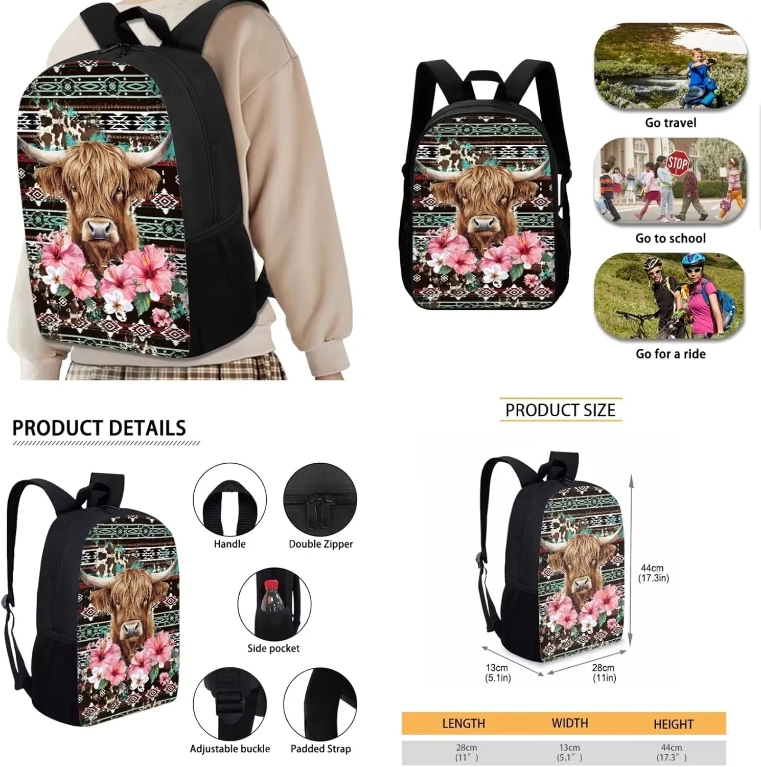 GLENLCWE American Southwest Highland Cow Backpack Set for Girls 10-12 Elementary Primary School Bookbag with Thermal Insulated Lunch Box and Pencil Case 3 Pcs