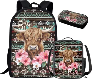 GLENLCWE American Southwest Highland Cow Backpack Set for Girls 10-12 Elementary Primary School Bookbag with Thermal Insulated Lunch Box and Pencil Case 3 Pcs