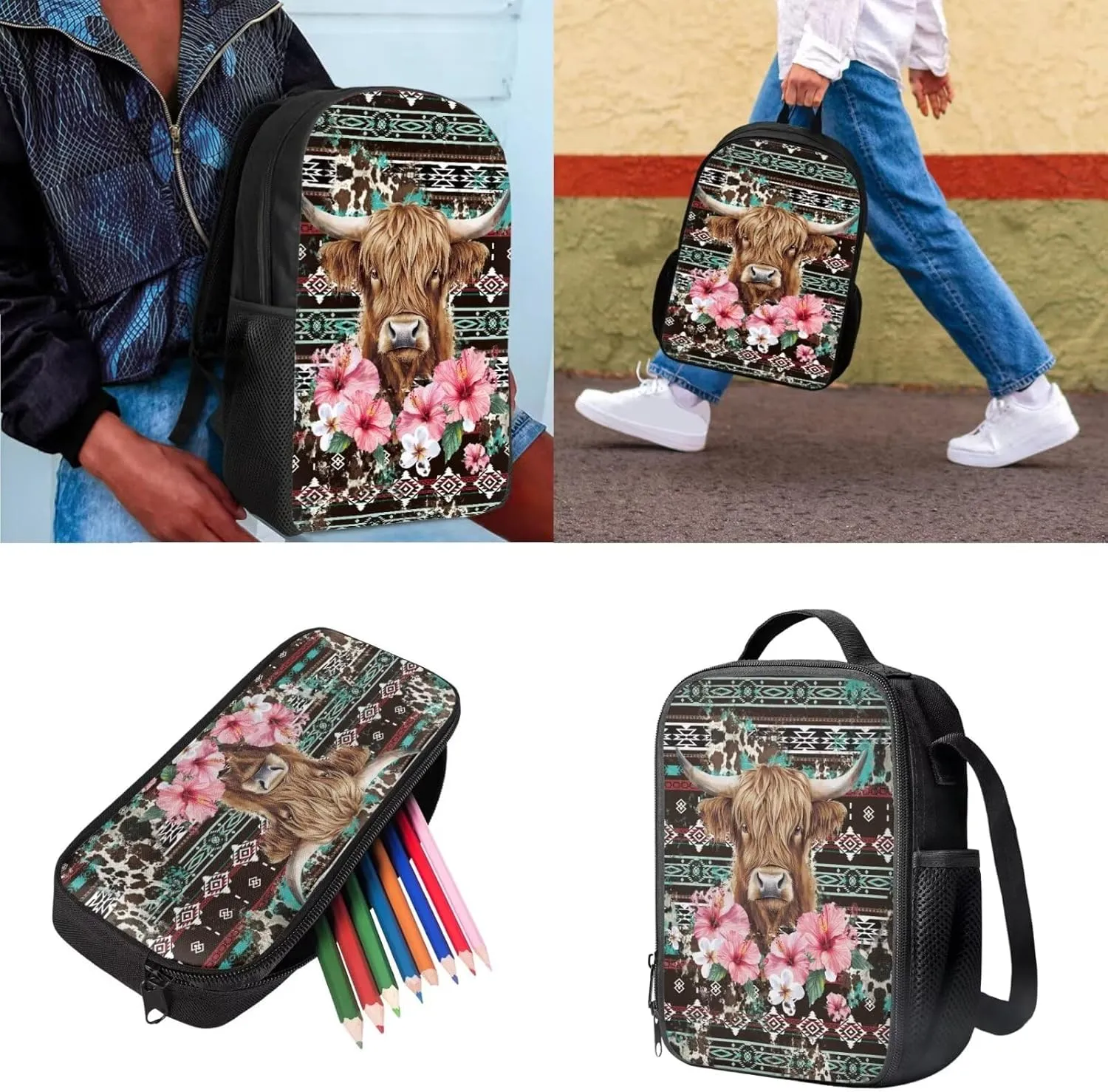 GLENLCWE American Southwest Highland Cow Backpack Set for Girls 10-12 Elementary Primary School Bookbag with Thermal Insulated Lunch Box and Pencil Case 3 Pcs