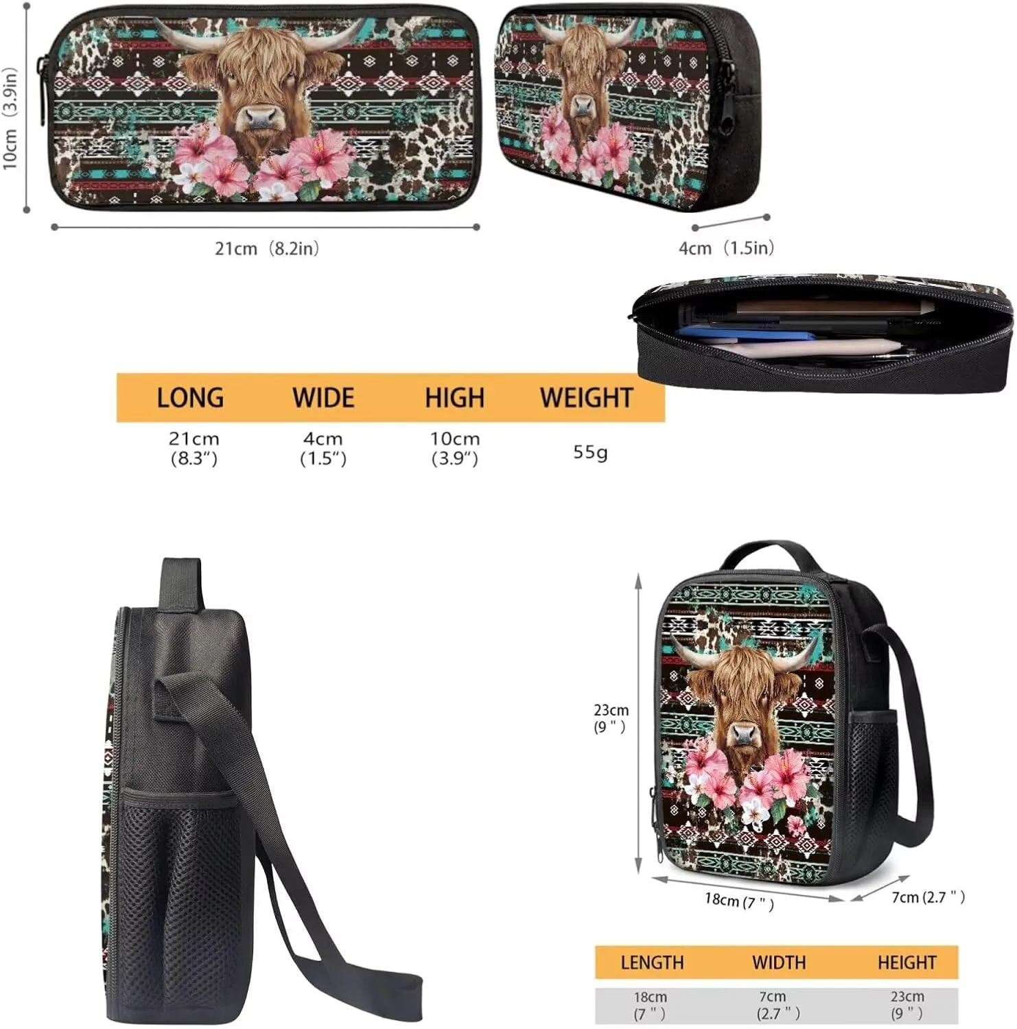 GLENLCWE American Southwest Highland Cow Backpack Set for Girls 10-12 Elementary Primary School Bookbag with Thermal Insulated Lunch Box and Pencil Case 3 Pcs