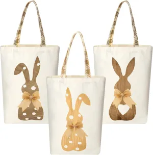 GliCraft 3 Pcs Easter Bunny Tote Bags Easter Bags with Handle Happy Rabbit Gift Reusable Canvas Candy Purse for Egg Party Supplies(Brown,Bunny)