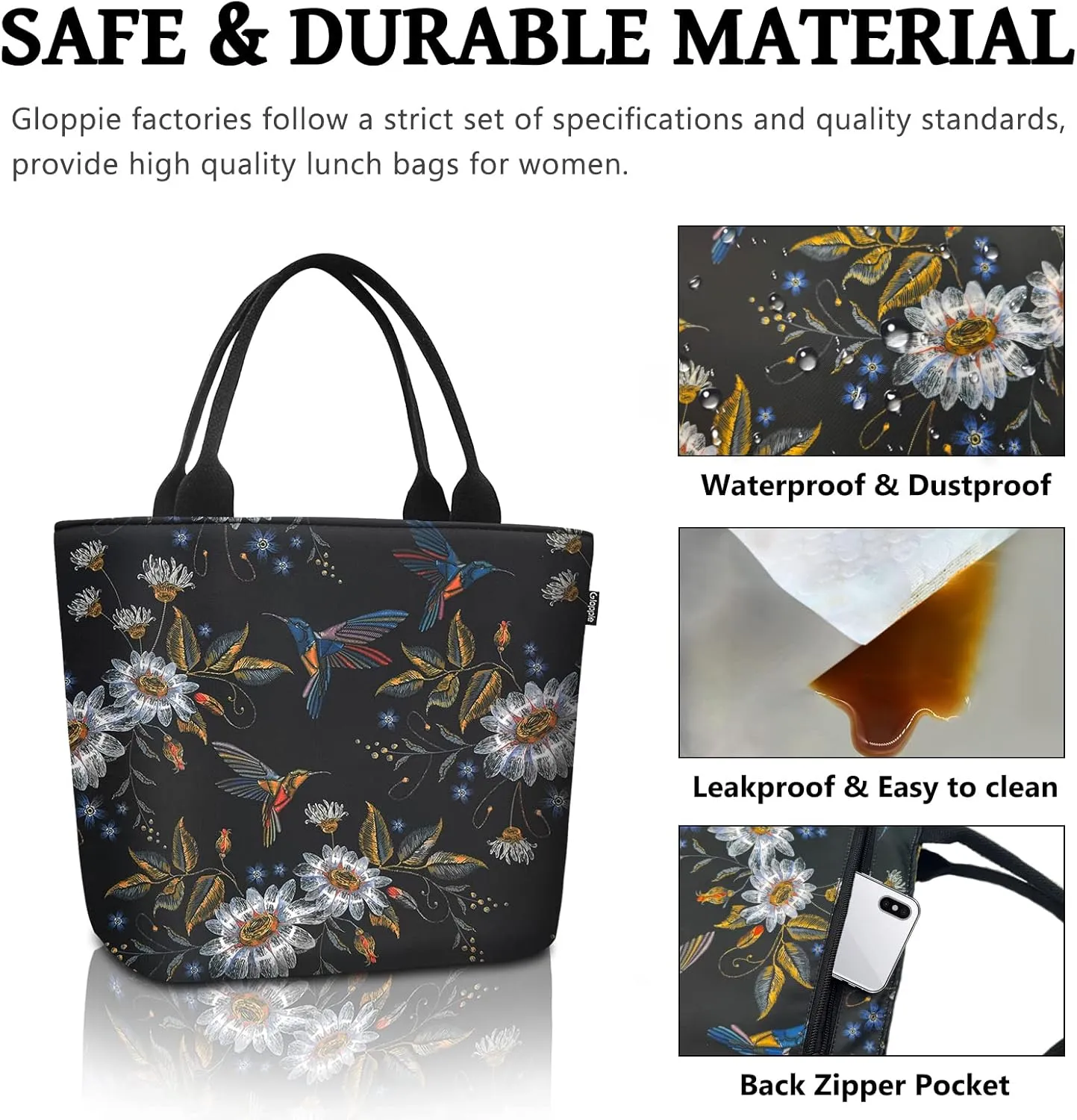 Gloppie Womens Lunch Bags for Work Leakproof Lunch Bag Women Insulated Lunch Tote Cooler Bag Loncheras para mujer Hummingbird Daisy 9L