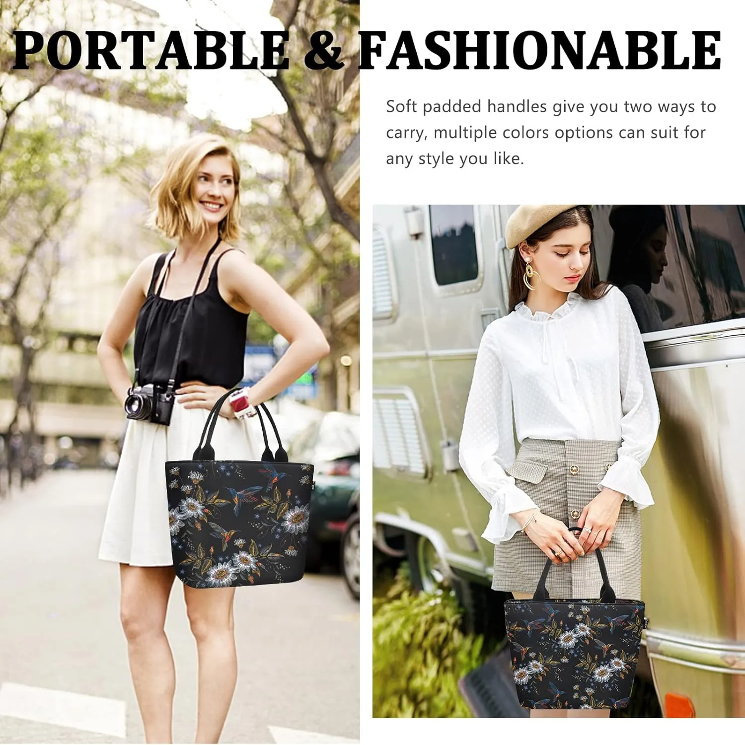 Gloppie Womens Lunch Bags for Work Leakproof Lunch Bag Women Insulated Lunch Tote Cooler Bag Loncheras para mujer Hummingbird Daisy 9L