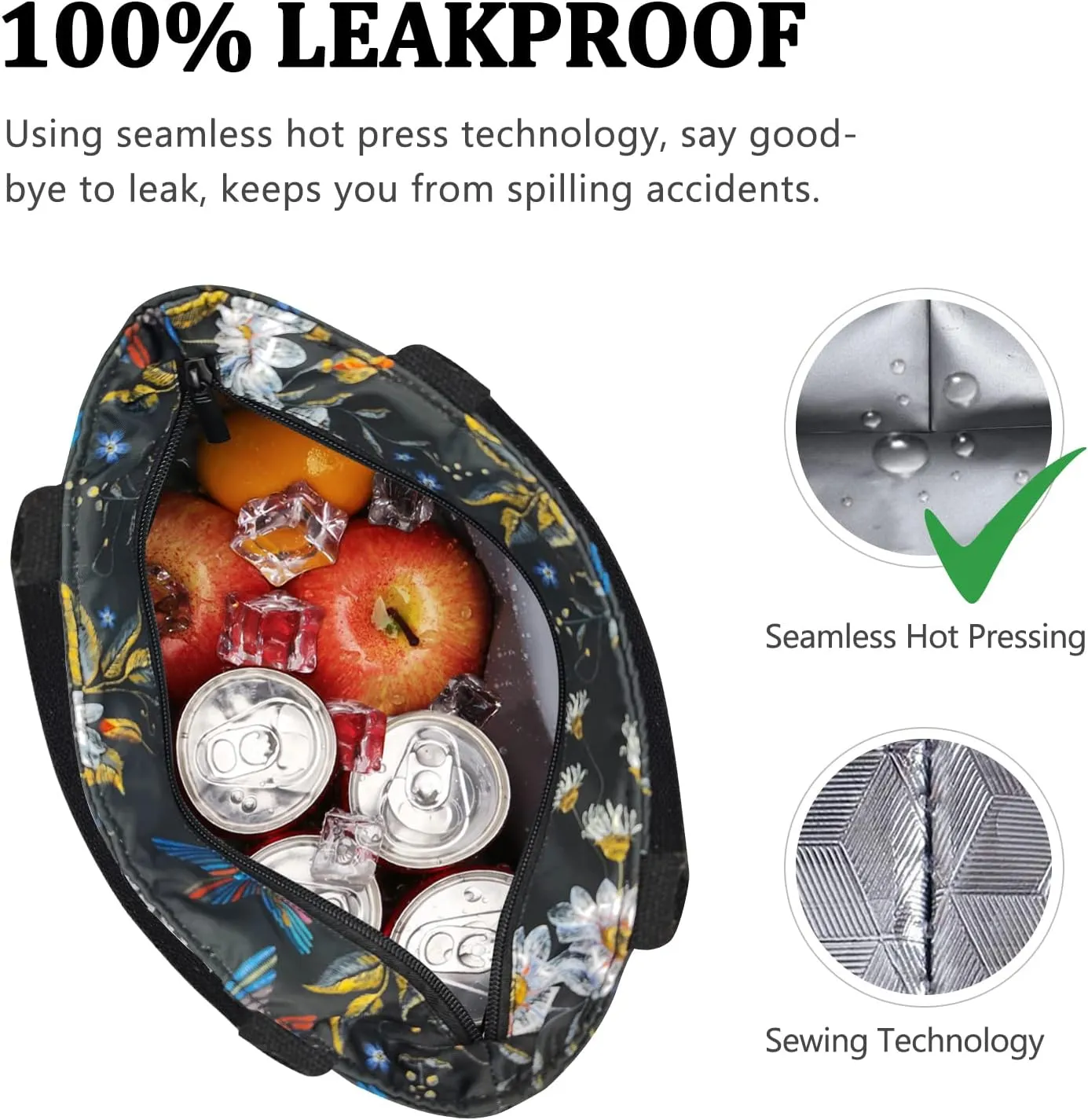 Gloppie Womens Lunch Bags for Work Leakproof Lunch Bag Women Insulated Lunch Tote Cooler Bag Loncheras para mujer Hummingbird Daisy 9L