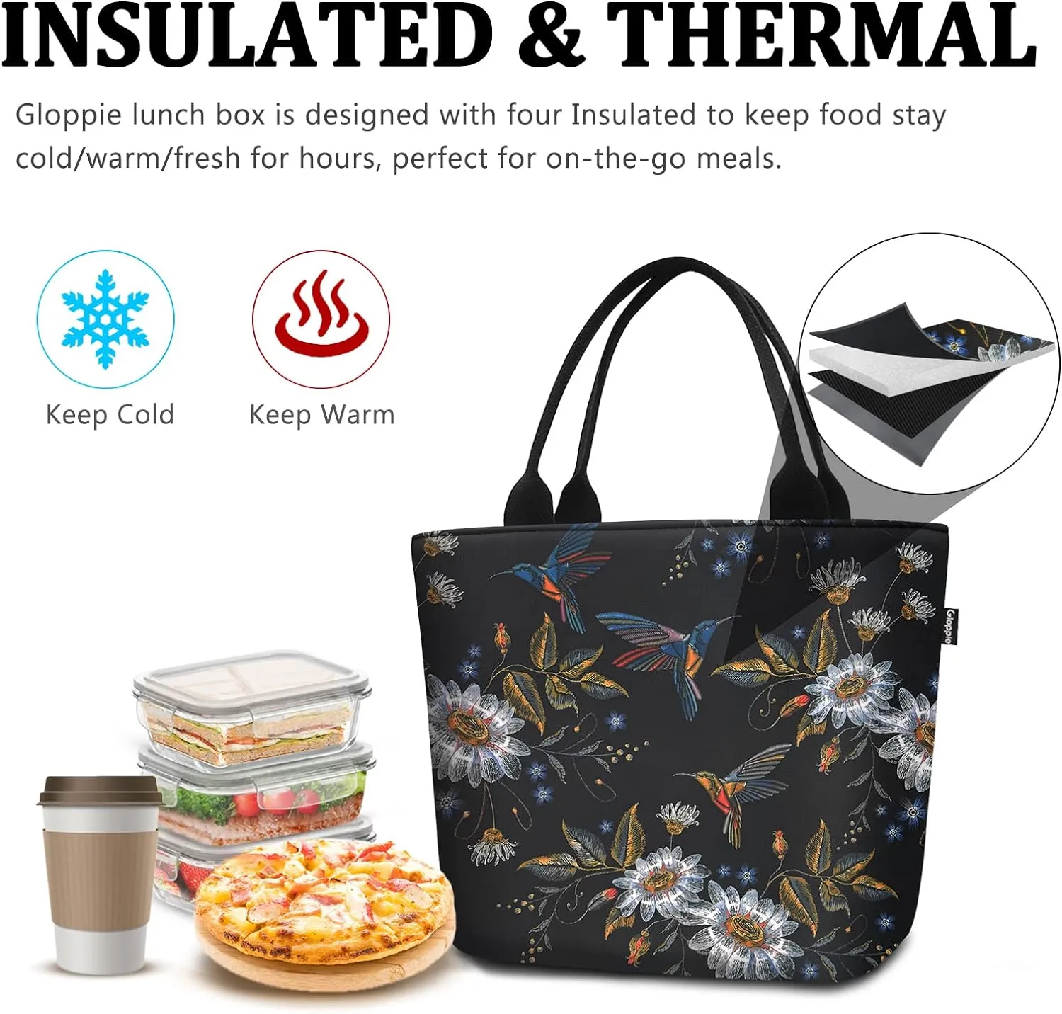 Gloppie Womens Lunch Bags for Work Leakproof Lunch Bag Women Insulated Lunch Tote Cooler Bag Loncheras para mujer Hummingbird Daisy 9L