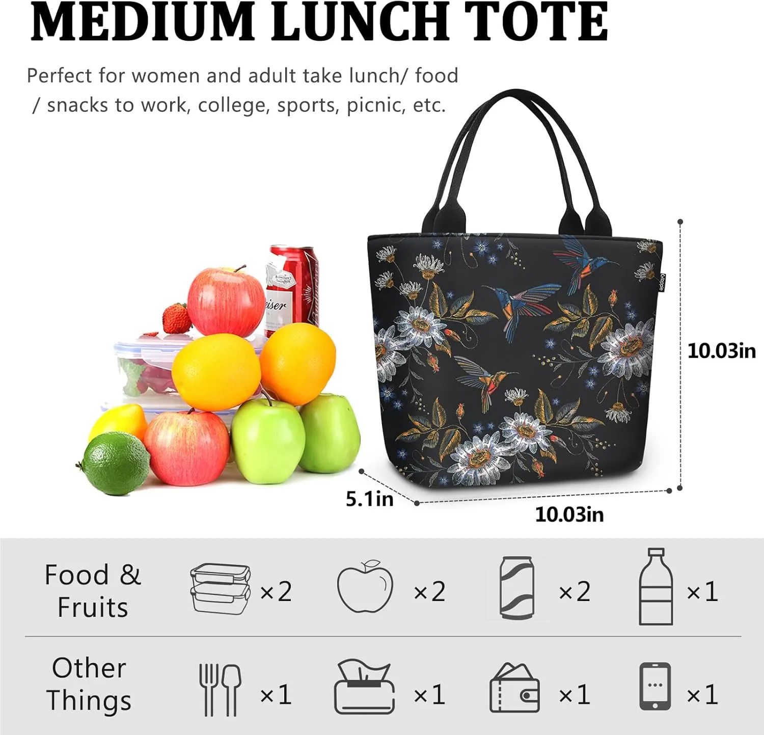 Gloppie Womens Lunch Bags for Work Leakproof Lunch Bag Women Insulated Lunch Tote Cooler Bag Loncheras para mujer Hummingbird Daisy 9L