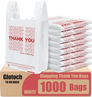 Glotoch Plastic Thank You Bags 1000 Count, 12" x 6.5" x 21" White Grocery Bags with Handles for Restaurant, Retail, Grocery Store, Takeout, Convenience Stores, T-shirt Shopping Bag in Bulk