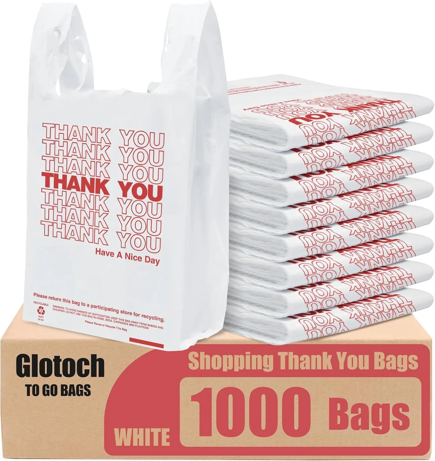 Glotoch Plastic Thank You Bags 1000 Count, 12" x 6.5" x 21" White Grocery Bags with Handles for Restaurant, Retail, Grocery Store, Takeout, Convenience Stores, T-shirt Shopping Bag in Bulk