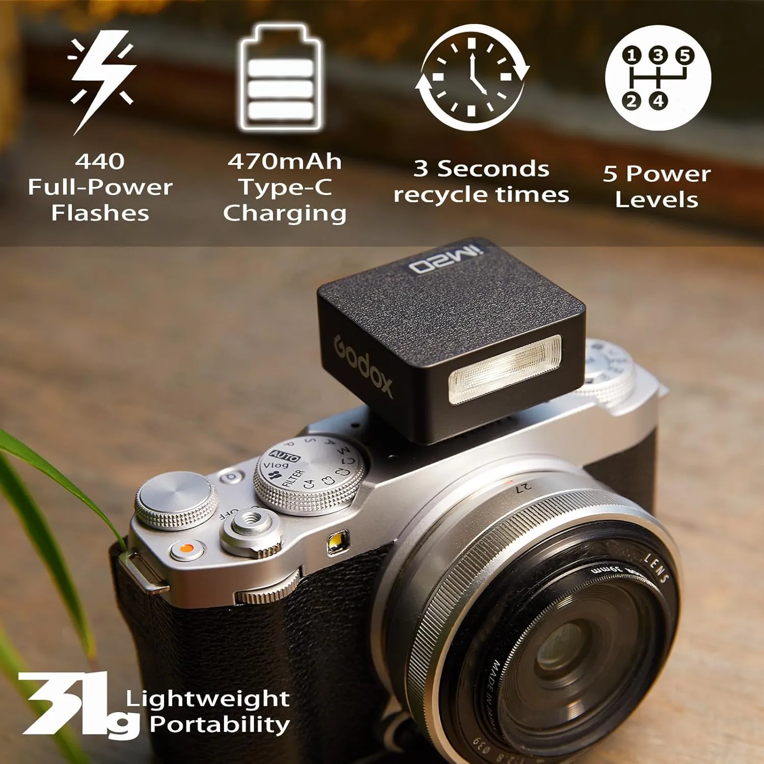 Godox iM20 Camera Flash - USB C Charging/5 Levels/470 mAh Built-in Battery/GN10/440 Full-Power Flashes/3s Recycle Times/Manual Godox Flash for Sony zv1/Sony zve10/etc. NOT for ZV-1F