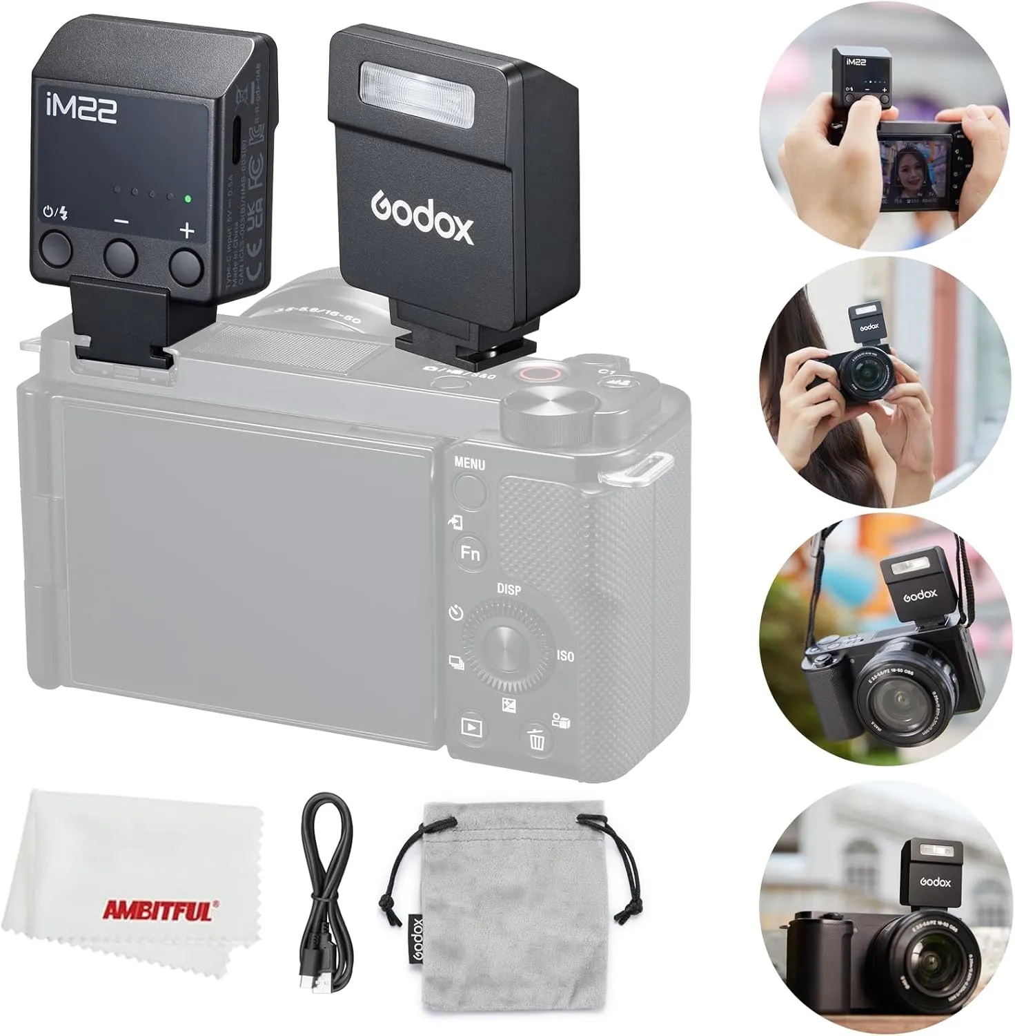 Godox iM22 Camera Flash, Mini Flash Speedlite,440 Full-Power Flashes,Single Contact Hotshoe,Built-in Lithium Battery for Fuji/Sony/Nikon/Canon/Olympus Camera (iM22)
