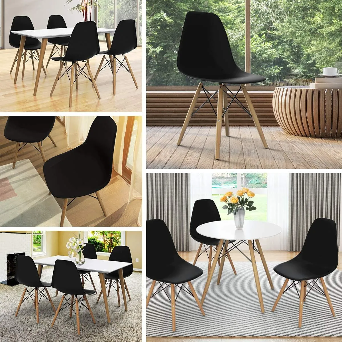 GOFLAME DSW Dining Chairs, Shell Plastic Chairs with Wood Legs, Modern Style Armless Chairs for Living Room Kitchen Bedroom, Eiffel DSW Style Side Chairs with Ergonomic Backrest Set of 2, Black