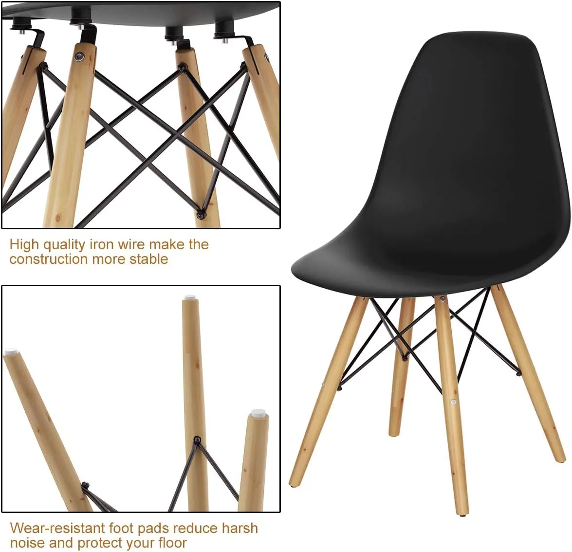 GOFLAME DSW Dining Chairs, Shell Plastic Chairs with Wood Legs, Modern Style Armless Chairs for Living Room Kitchen Bedroom, Eiffel DSW Style Side Chairs with Ergonomic Backrest Set of 2, Black