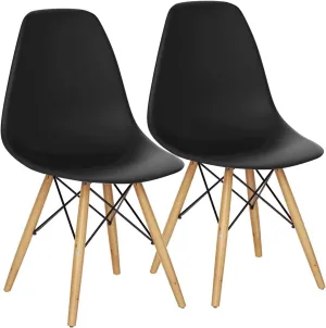 GOFLAME DSW Dining Chairs, Shell Plastic Chairs with Wood Legs, Modern Style Armless Chairs for Living Room Kitchen Bedroom, Eiffel DSW Style Side Chairs with Ergonomic Backrest Set of 2, Black